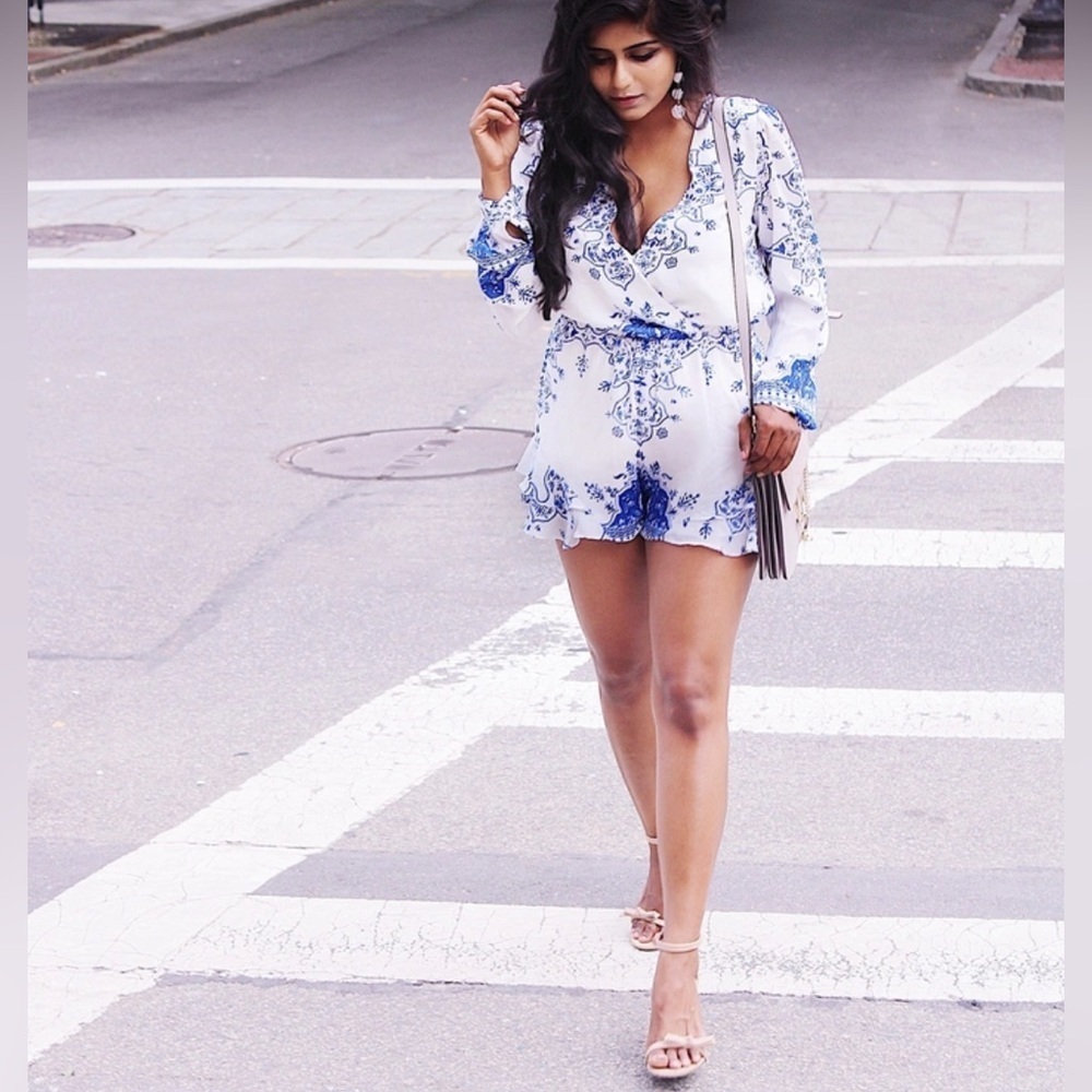 Lovers + Friends Blue Floral Spring Blossom Romper in Temple Scarf Jum…